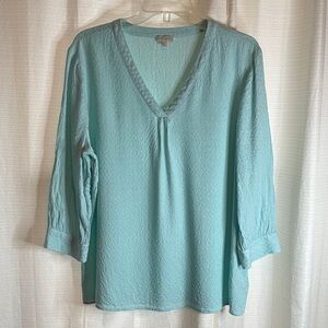 Talbots Aqua Blue VNeck Blouse with 3/4 Sleeves EUC